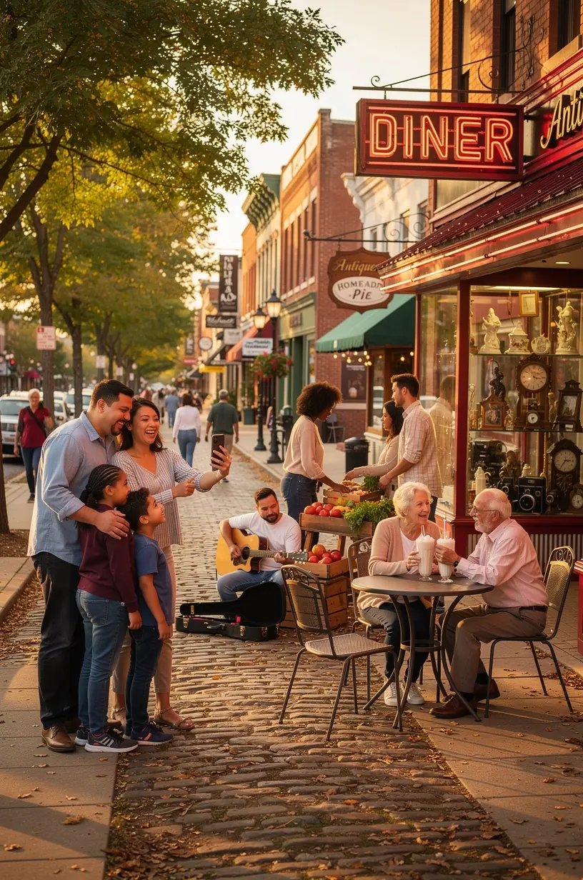 Charming small-town main street with historic brick buildings and wide sidewalks inviting leisurely strolls.